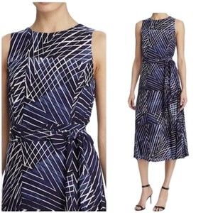 Ralph Lauren Midi Dress Sz 12 Navy Blue Geometric Print Jersey Knit Belted